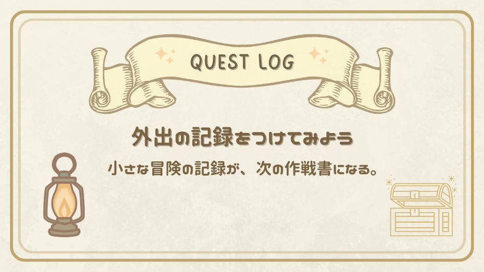 外出の記録をつけてみようというクエストログカード。宝箱とランタンのイラストがあり、小さな冒険の記録を残す大切さを伝える。