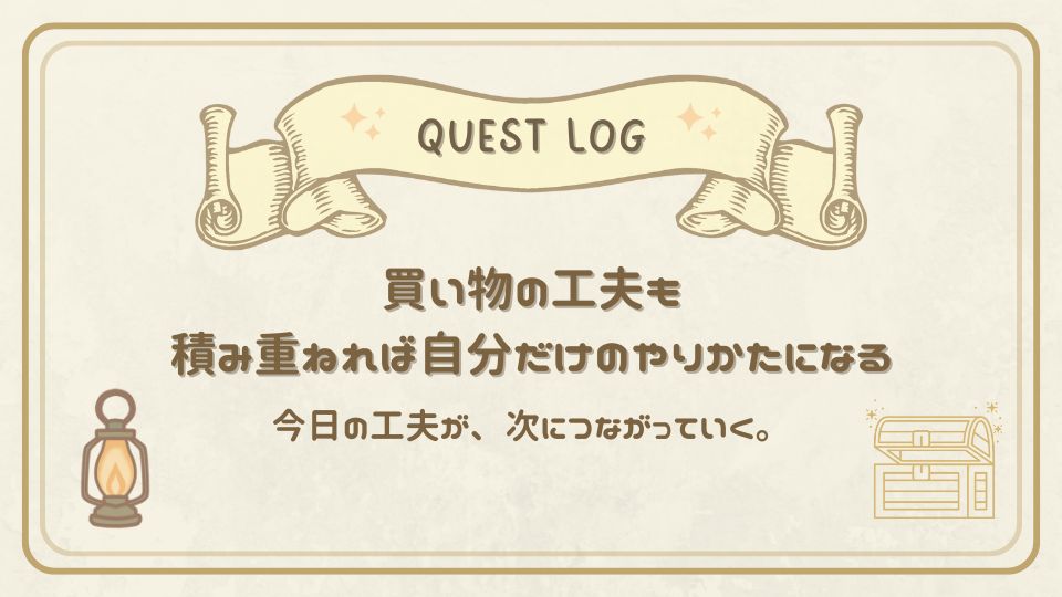 買い物の工夫を重ねることで自分に合ったやり方が見つかることを伝えるクエストログカード。宝箱のイラスト付き。