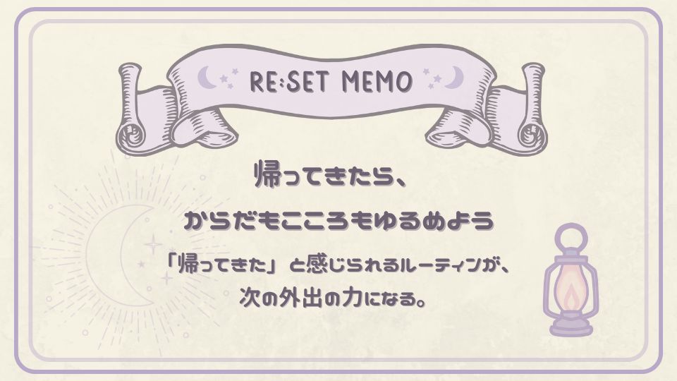 帰ってきたら、からだもこころもゆるめようというリセットメモ。月とランタンのイラスト入りで、外出後のリラックスと回復を促すメッセージ。