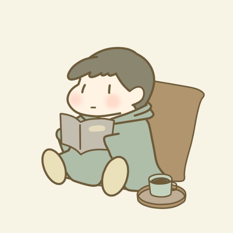 とりごえがノートを眺めながらくつろいでいるイラスト。