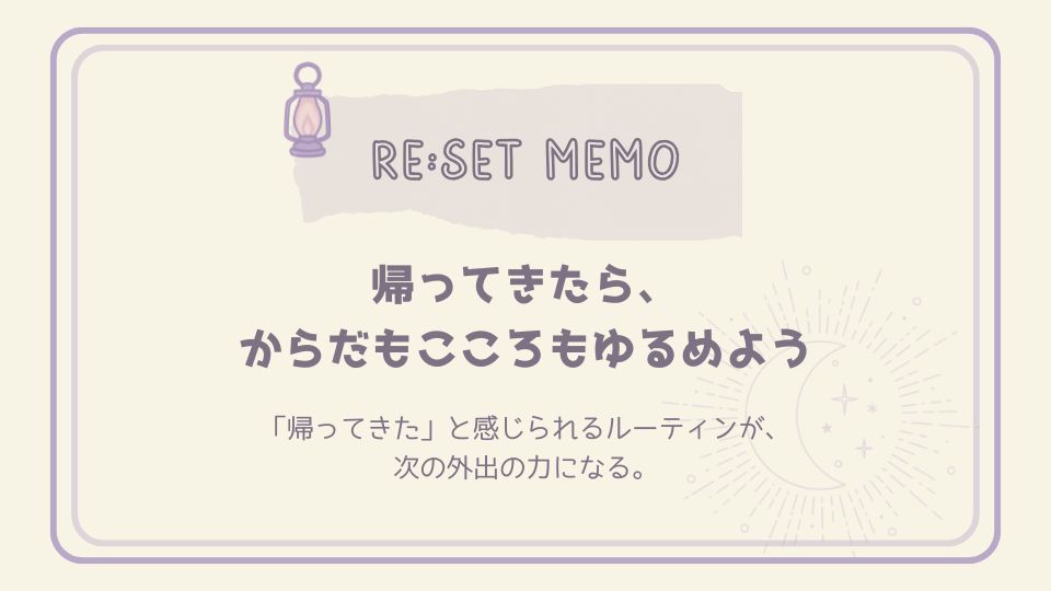 帰ってきたら、からだもこころもゆるめようというリセットメモ。月とランタンのイラスト入りで、外出後のリラックスと回復を促すメッセージ。