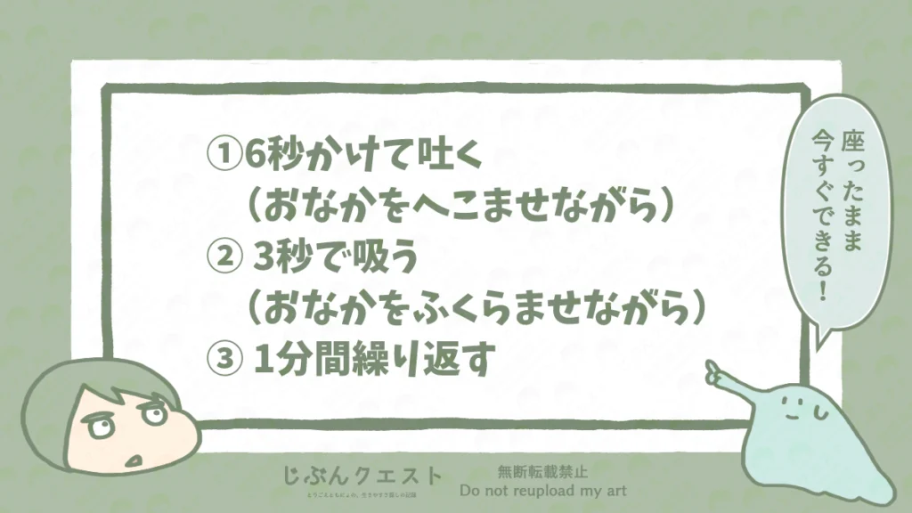 座ったまま今すぐできる呼吸法の説明。①おなかをへこませながら6秒かけて吐く②おなかをふくらませながら3秒で吸う③1分間繰り返す、の手順を記載している。とりごえともにょのイラスト入り。